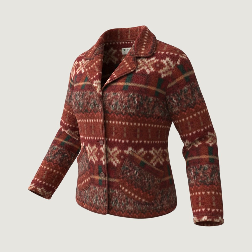 Lavon Sport Womens Fleece Jacket Red Southwestern Nordic Button Front Medium